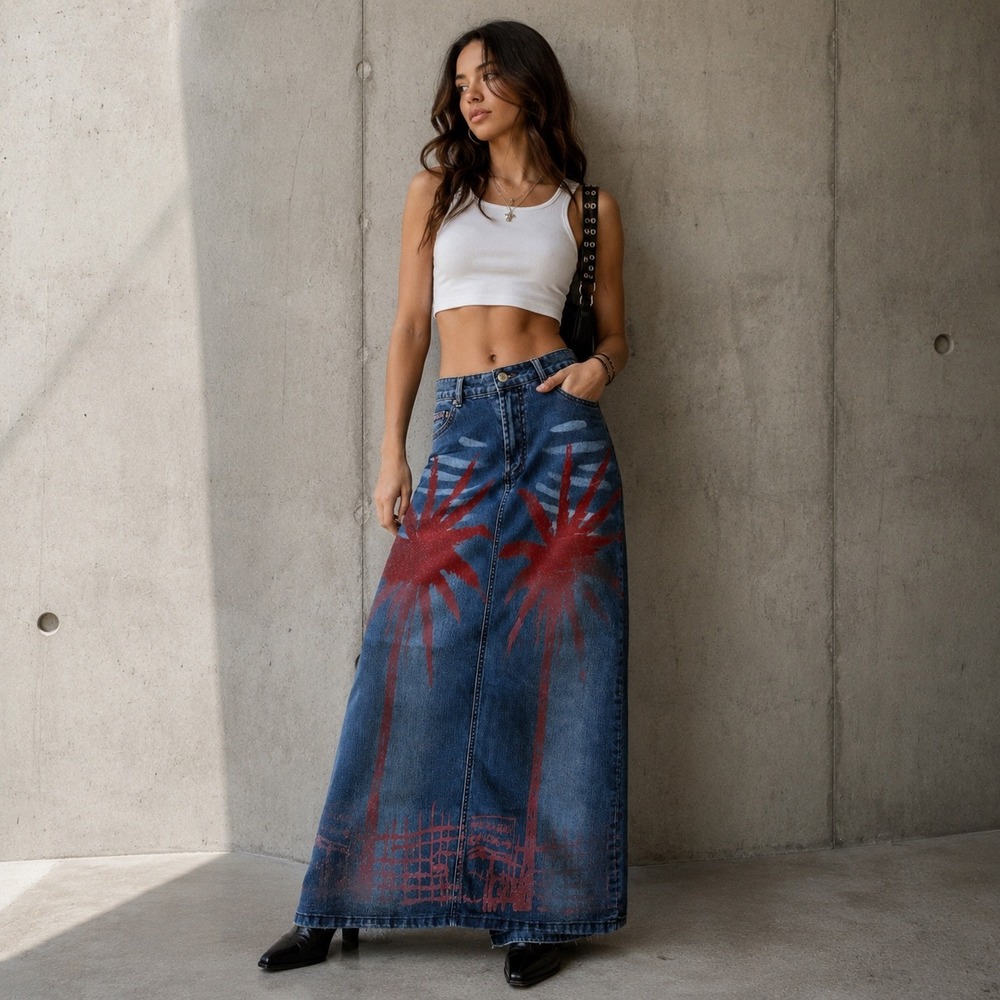 Milenium Denim Maxi Skirt Size 0 Blue Red Palm Tree Graphic Print Y2K Streetwear